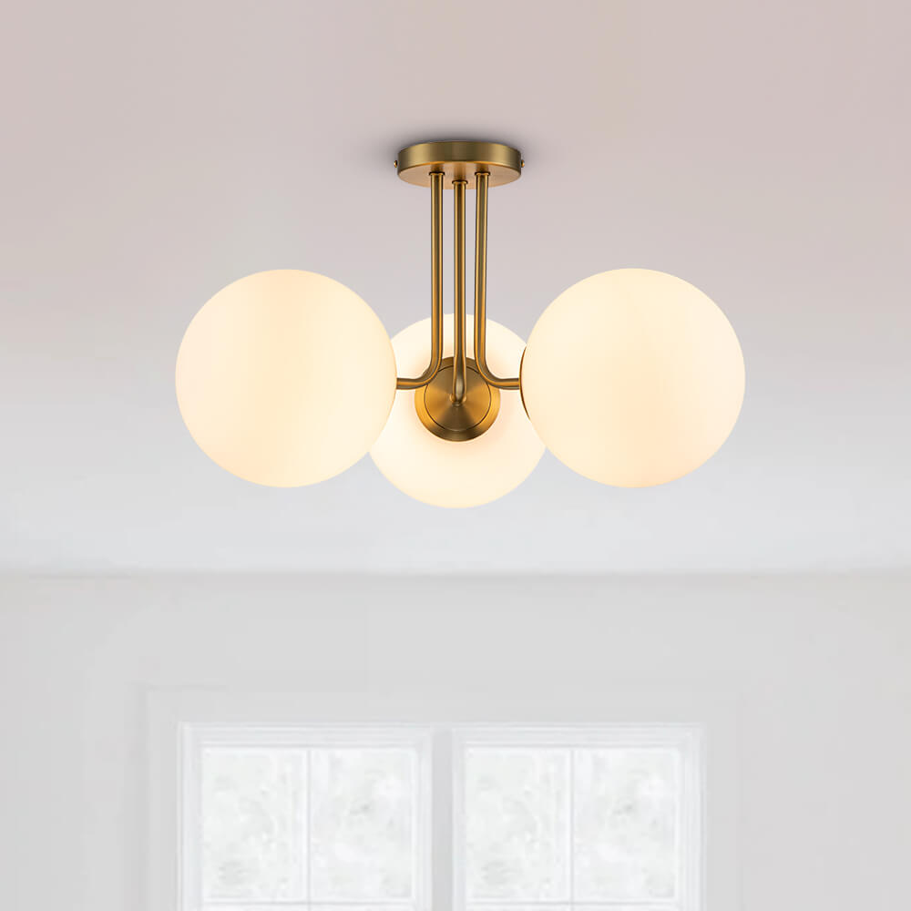 Brass Sputnik Semi Flush Mount with Frosted Opal Globe