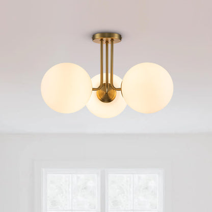 Brass Sputnik Semi Flush Mount with Frosted Opal Globe