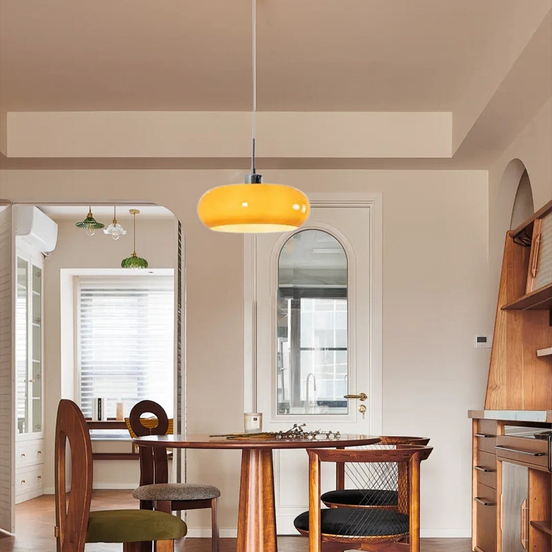 Modern Orange/White Pendant Light Metal Glass Drum Living Room