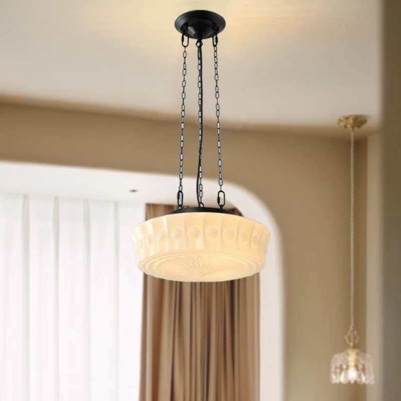 Modern Round Beige/White Pendant Light Metal Glass Bedroom