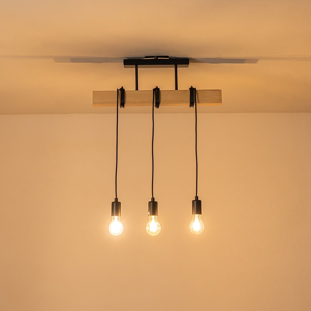 3-Light Matte Black Wooden Semi Flush Mount Island Chandelier