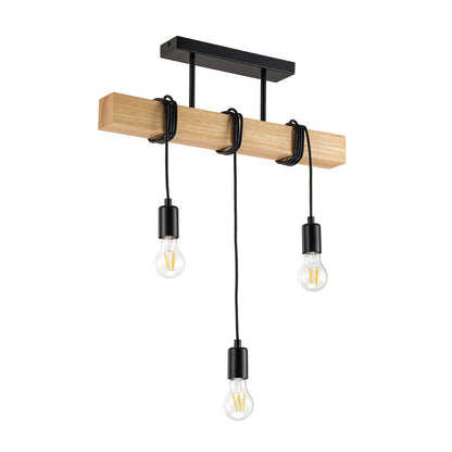 3-Light Matte Black Wooden Semi Flush Mount Island Chandelier