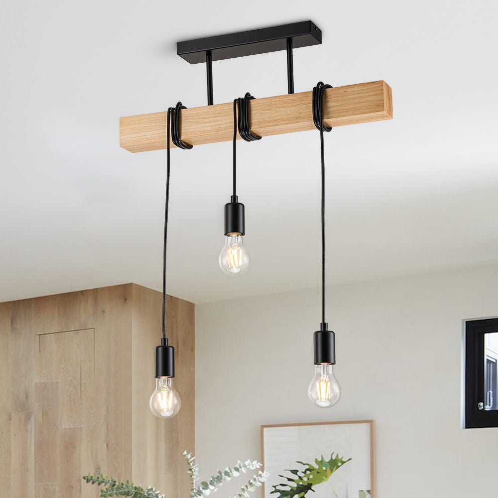 3-Light Matte Black Wooden Semi Flush Mount Island Chandelier