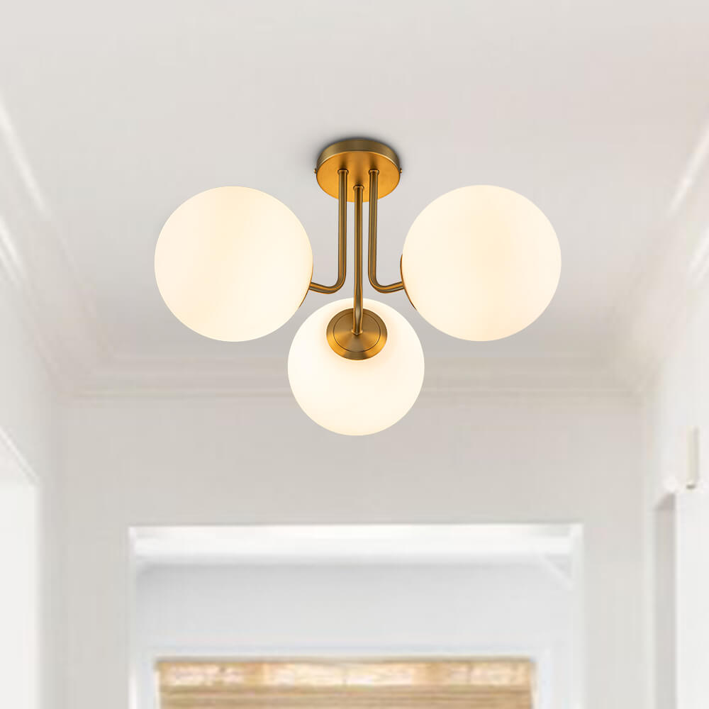 Brass Sputnik Semi Flush Mount with Frosted Opal Globe