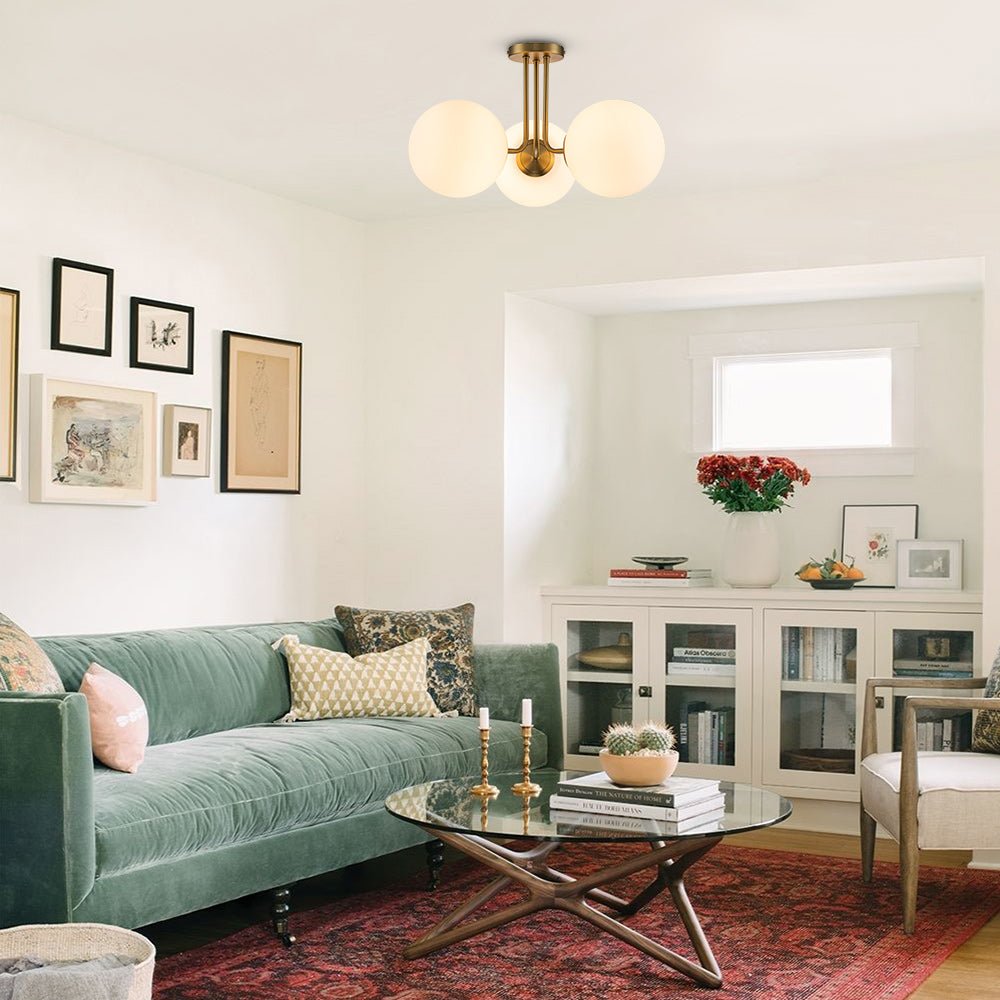 Brass Sputnik Semi Flush Mount with Frosted Opal Globe